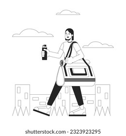 Woman with fitness bag bw concept vector spot illustration. Lady hold sport bottle outside 2D cartoon flat line monochromatic character for web UI design. Activity editable isolated outline hero image