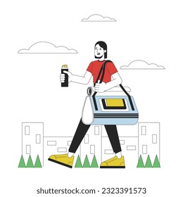 Woman with fitness bag flat line concept vector spot illustration. Lady holds bottle outside 2D cartoon outline character on white for web UI design. Activity editable isolated colorful hero image
