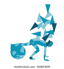 Woman fitness ball exercise workout vector background abstract illustration made of polygon fragments isolated on white