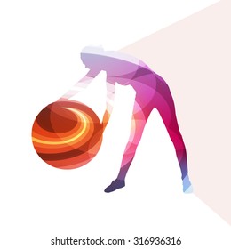 Woman with fitness ball silhouette illustration vector background colorful concept made of transparent curved shapes