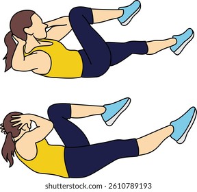 Woman in Fitness Clothes Performing Abdominal Crunch Exercise. Female Cartoon Character Doing Bicycle Crunch During Aerobics Workout. Vector Illustration.