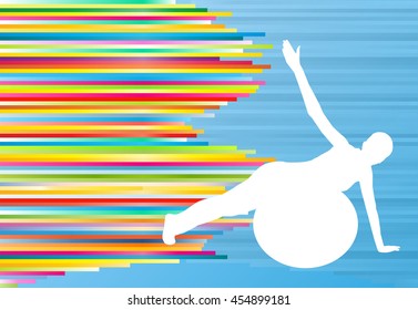 Woman fitness exercises on fitness ball vector abstract illustration striped background