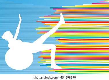 Woman fitness exercises on fitness ball vector abstract illustration striped background