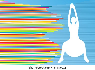 Woman fitness exercises on fitness ball vector abstract illustration striped background