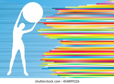 Woman fitness exercises on fitness ball vector abstract illustration striped background