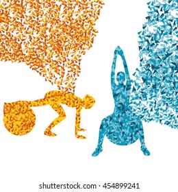 Woman fitness exercises on fitness ball vector abstract illustration made with fragments