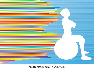 Woman fitness exercises on fitness ball vector abstract illustration striped background