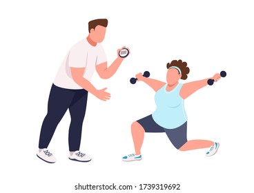 Woman with fitness instructor flat color vector faceless character. Trainer helping lady with training isolated cartoon illustration for web graphic design and animation. Weight loss, slimming