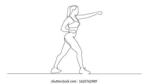 Woman fitness kick boxing. Continuous line drawing. Vector illustration.