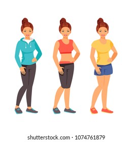 Woman fitness model in sportswear set. Vector illustration