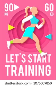Woman Fitness Poster Template. Sport Motivation. Paper 3D Art. Workout girl. Sports and Health Care Flyer. Gym Design. Vector illustration