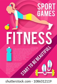 Woman Fitness Poster Template. Sport Motivation. Paper 3D Art. Workout girl. Sports and Health Care Flyer. Gym Design. Vector illustration