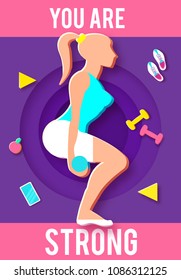 Woman Fitness Poster Template. Sport Motivation. Paper 3D Art. Workout girl. Sports and Health Care Flyer. Gym Design. Vector illustration