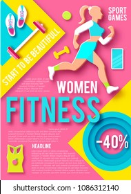 Woman Fitness Poster Template. Sport Motivation. Paper 3D Art. Workout girl. Sports and Health Care Flyer. Gym Design. Vector illustration