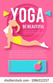 Woman Fitness Poster Template. Sport Motivation. Paper 3D Art. Workout girl. Sports and Health Care Flyer. Gym Design. Vector illustration