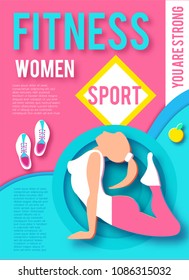 Woman Fitness Poster Template. Sport Motivation. Paper 3D Art. Workout girl. Sports and Health Care Flyer. Gym Design. Vector illustration