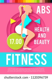 Woman Fitness Poster Template. Sport Motivation. Paper 3D Art. Workout girl. Sports and Health Care Flyer. Gym Design. Vector illustration
