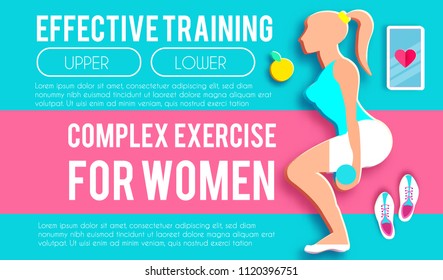 Woman Fitness Poster Template. Sport Motivation. Paper 3D Art. Workout girl. Sports and Health Care Flyer. Gym Design. Vector illustration