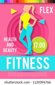 Woman Fitness Poster Template. Sport Motivation. Paper 3D Art. Workout girl. Sports and Health Care Flyer. Gym Design. Vector illustration