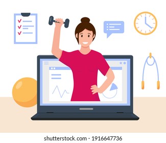 Woman Fitness Or Sport Online Course Concept. Online Personal Trainer Or Web Virtual Sport Instructor. Fitness Webinar Or Advices On Diet, Weight Loss, Goals Setting For Women. Vector Illustation.