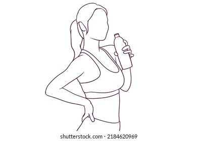 woman in fitness suit holding a bottle of water hand drawn style vector illustration