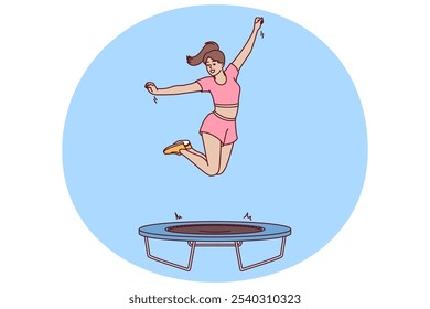 Woman fitness trainer jumps on trampoline teaching clients of sports club to do exercises correctly. Girl is engaged in fitness using trampoline for jumping helping to become slim and beautiful