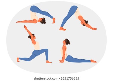 Woman fitness trainer takes different positions from pilates and gymnastics to develop flexibility. Girl fitness instructor teaches sports to maintain beautiful figure and improve health.