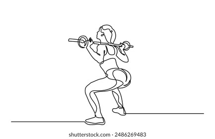 Mujer Fitness entrenamiento ejercicio vista lateral posterior Línea continua de dibujo de una niña levantando una barra de peso pesado.Culturista femenina haciendo ejercicio en el gimnasio center.Healthy concepto de estilo de vida.
