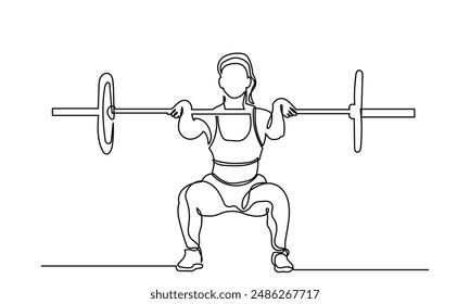 Woman Fitness workout exercise Continuous line drawing of a girl lifting a heavy-weight barbell.Female bodybuilder doing exercise in the gym center.Healthy lifestyle concept.
