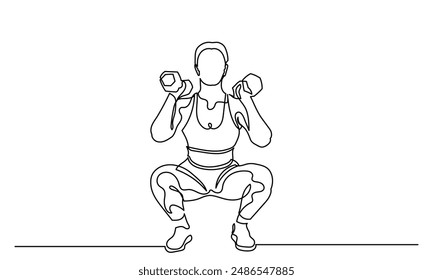 Woman Fitness workout exercise Continuous line drawing of a girl squat exercise.Female bodybuilder doing exercise in the gym center.Healthy lifestyle concept.
