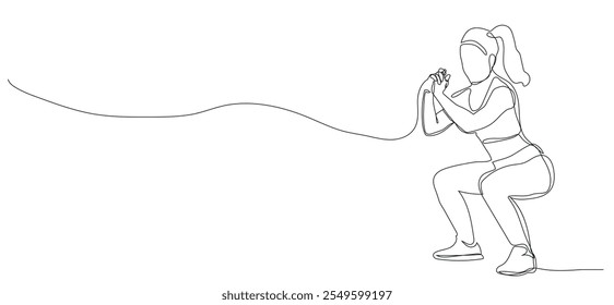 Woman Fitness workout exercise Continuous line drawing of a girl squat exercise.Female bodybuilder doing exercise in the gym center.Healthy lifestyle concept.
