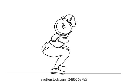 Woman Fitness workout exercise side viewContinuous line drawing of a girl lifting a heavy-weight barbell.Female bodybuilder doing exercise in the gym center.Healthy lifestyle concept.
