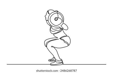 Woman Fitness workout exercise side viewContinuous line drawing of a girl lifting a heavy-weight barbell.Female bodybuilder doing exercise in the gym center.Healthy lifestyle concept.
