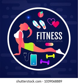 Woman Fitness. Workout girl. Fit Equipment. Sports and Health Care Flyer Template in Trendy Colors. Gym Design. Vector illustration