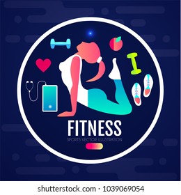 Woman Fitness. Workout girl. Fit Equipment. Sports and Health Care Flyer Template in Trendy Colors. Gym Design. Vector illustration