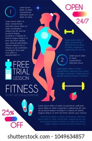 Woman Fitness. Workout girl. Sports and Health Care Flyer Template in Trendy Colors. Gym Design. Vector illustration