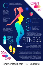 Woman Fitness. Workout girl. Sports and Health Care Flyer Template in Trendy Colors. Gym Design. Vector illustration