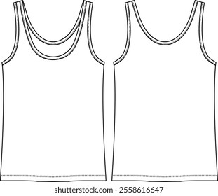 Woman fitted tank top, scoop neck, wide straps, sketch front and back