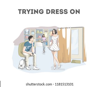Woman in the fitting room in the clothing store. Girl standing in fashion dress in front of her boyfriend. Glamour lifestyle. Vector flat illustration