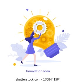 Woman fixing glowing light bulb with gear wheels inside. Concept of innovation, innovative idea, creativity, creative thinking, creation of modern technology, hi-tech. Flat colorful vector illustratio