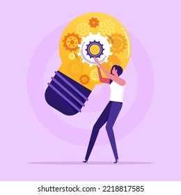 Woman fixing glowing light bulb with gear wheels inside. Concept of innovation, innovative idea, creativity, creative thinking, creation of modern technology, hi-tech, flat vector illustration