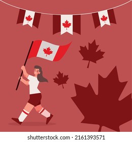 woman with flag of canada, maple leaf background