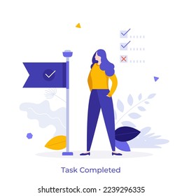 Frau, Flag mit Häkchen und Checkliste. Konzept der abgeschlossenen Aufgabe, erreichtes Ziel, Erledigung, Zeitplanung und Management, Arbeitsorganisation. Moderne flache Vektorgrafik für Banner.