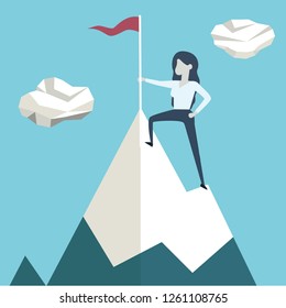 Woman with flag on a Mountain peak, Business success concept - Vector illustration