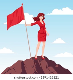 Woman with a flag on top of a mountain. Business woman character, successful manager. Leadership and victory concept. Flat vector illustration.