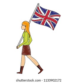 woman with flag in pole of great britain isolated icon