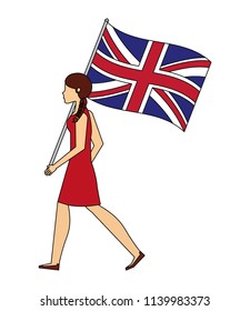 woman with flag in pole of great britain isolated icon