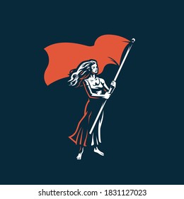 Frau mit Flagge. Eine Frau wellen eine große Flagge. Protest, Treffen, Demonstration, Abstimmung.