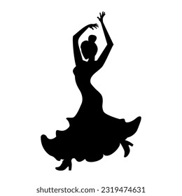 Silueta de baile flamenco aislada de fondo blanco. Danza española. Ilustración vectorial plana