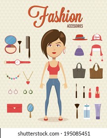 Woman flat character design with element and accessories. Vector illustration
